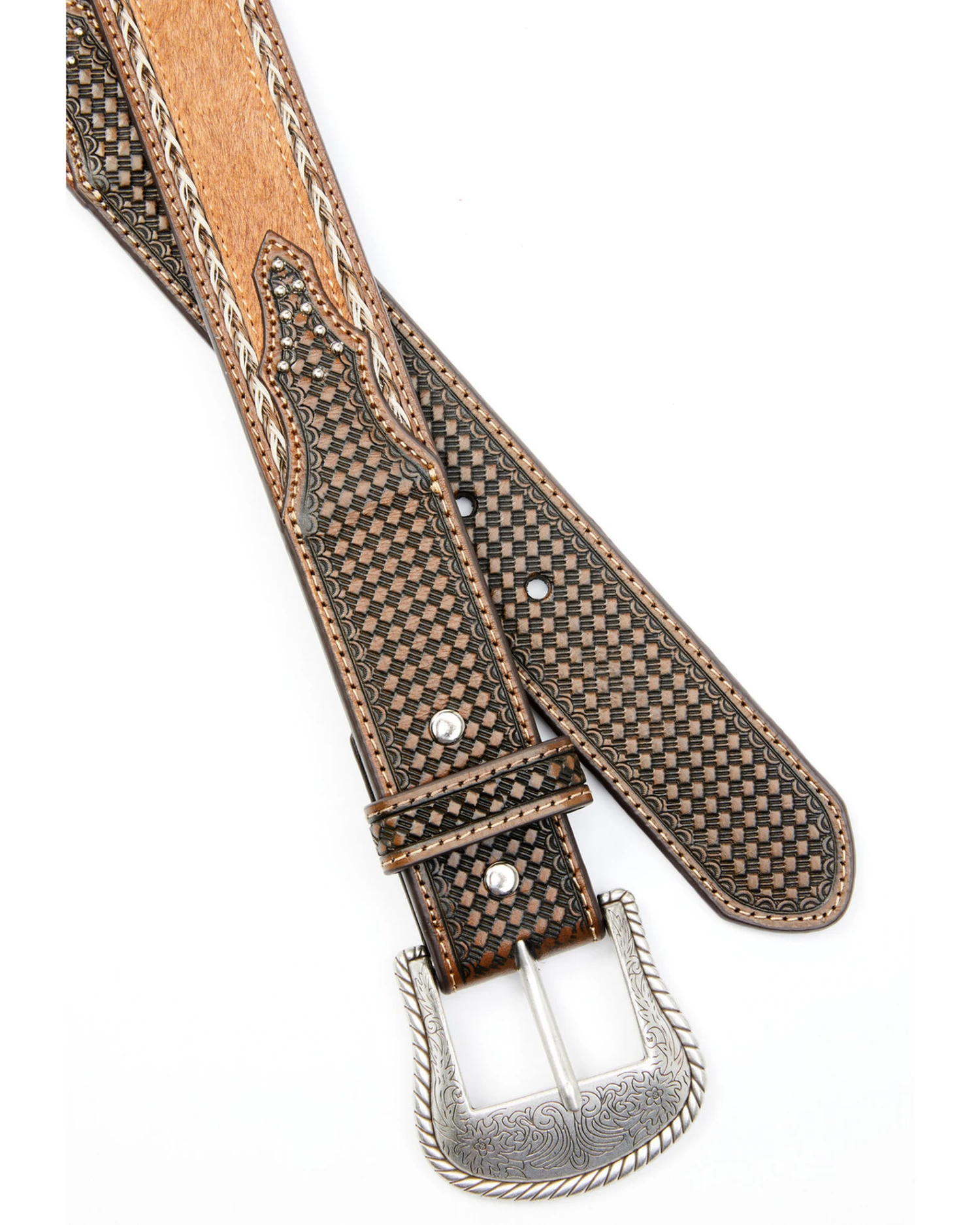 Cody James Men's Brown Hair-On Basketweave Studded Leather Belt 2 Cody James Men's Brown Hair-On Basketweave Studded Leather Belt - Image 2