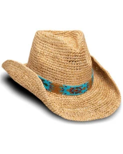 Nikki Beach Women's Natural Mazatlan Crochet Raffia Straw Western Hat