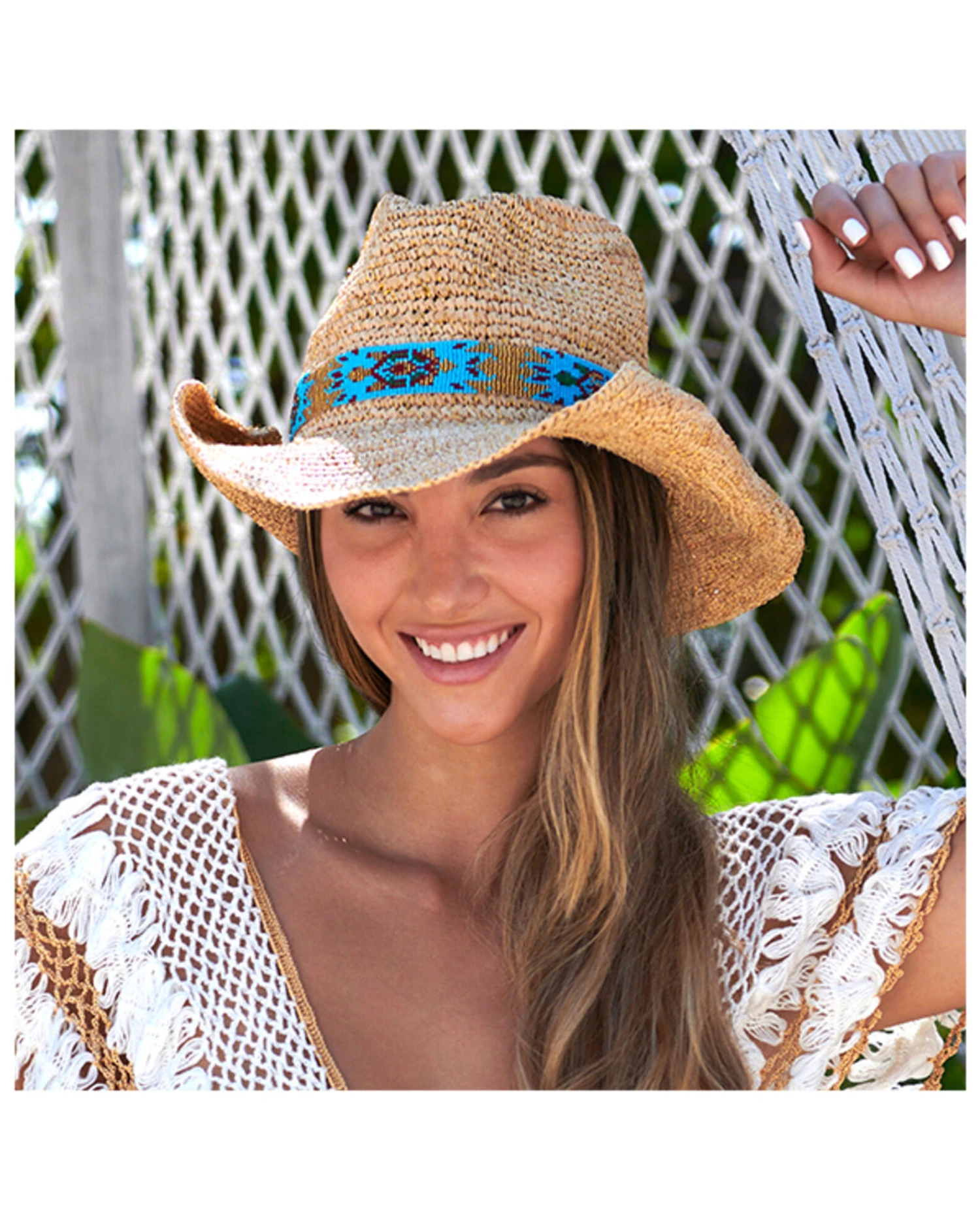Nikki Beach Women's Natural Mazatlan Crochet Raffia Straw Western Hat 3 Nikki Beach Women's Natural Mazatlan Crochet Raffia Straw Western Hat - Image 3