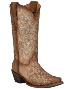 Corral Girls' Glitter Embroidery Leather Western Boot - Snip Toe