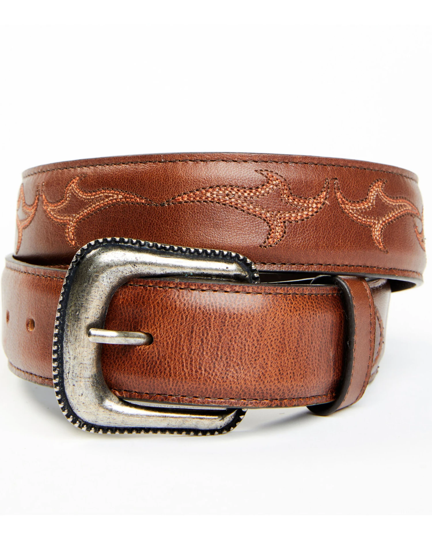Moonshine Spirit Men's Brown Western Red & Orange Stitch Leather Belt 1 Moonshine Spirit Men's Brown Western Red & Orange Stitch Leather Belt