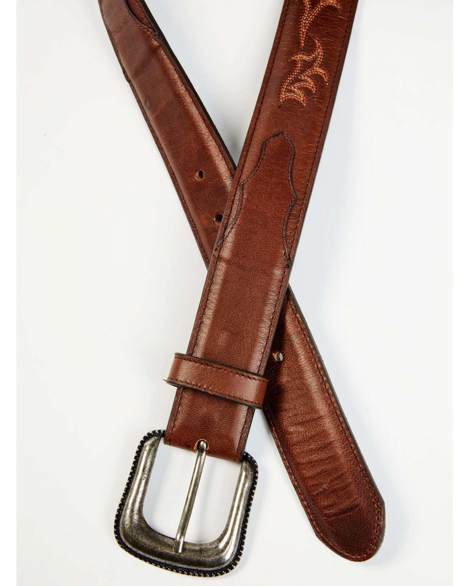 Moonshine Spirit Men's Brown Western Red & Orange Stitch Leather Belt 2 Moonshine Spirit Men's Brown Western Red & Orange Stitch Leather Belt - Image 2